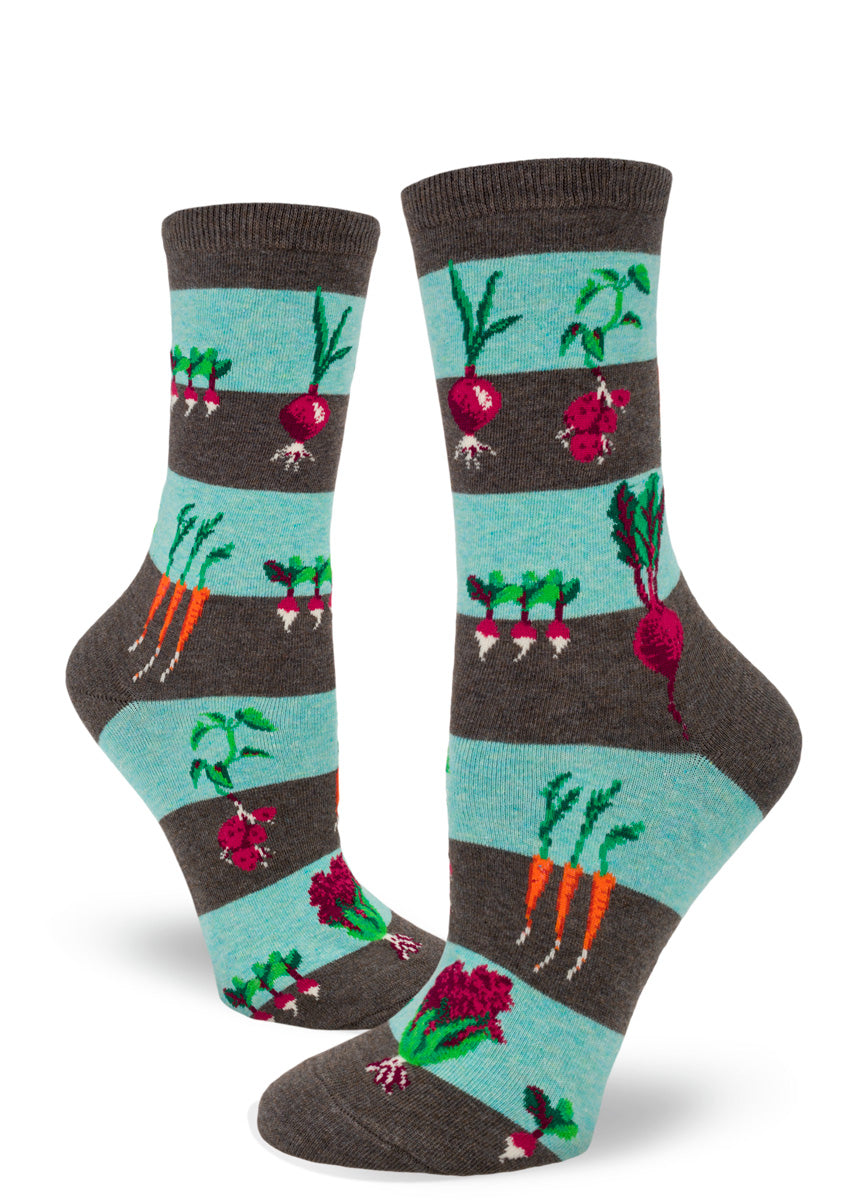Vegetable garden socks for women show carrots, onions, potatoes, lettuce, and more, growing under and above ground!