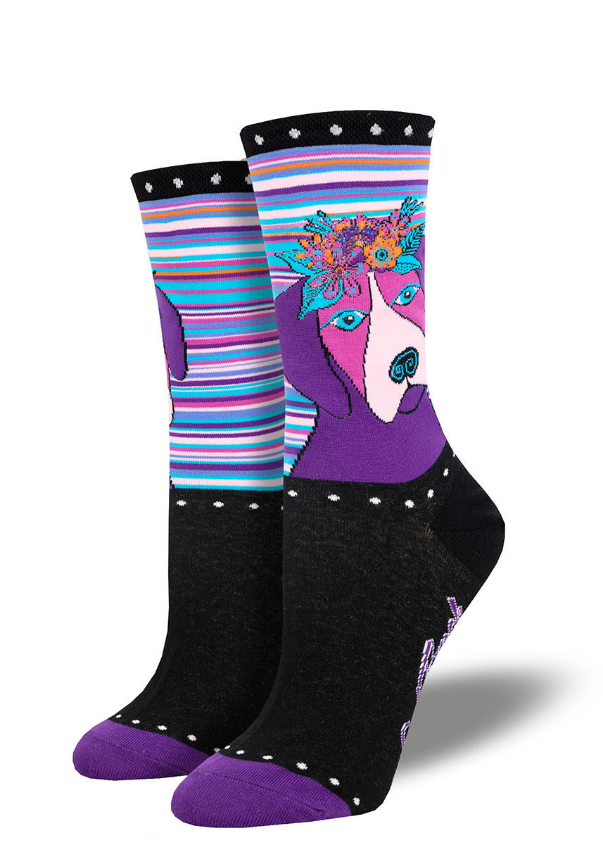  Violet-striped dog socks depict a pretty purple pup with a crown of flowers designed by Laurel Burch.
