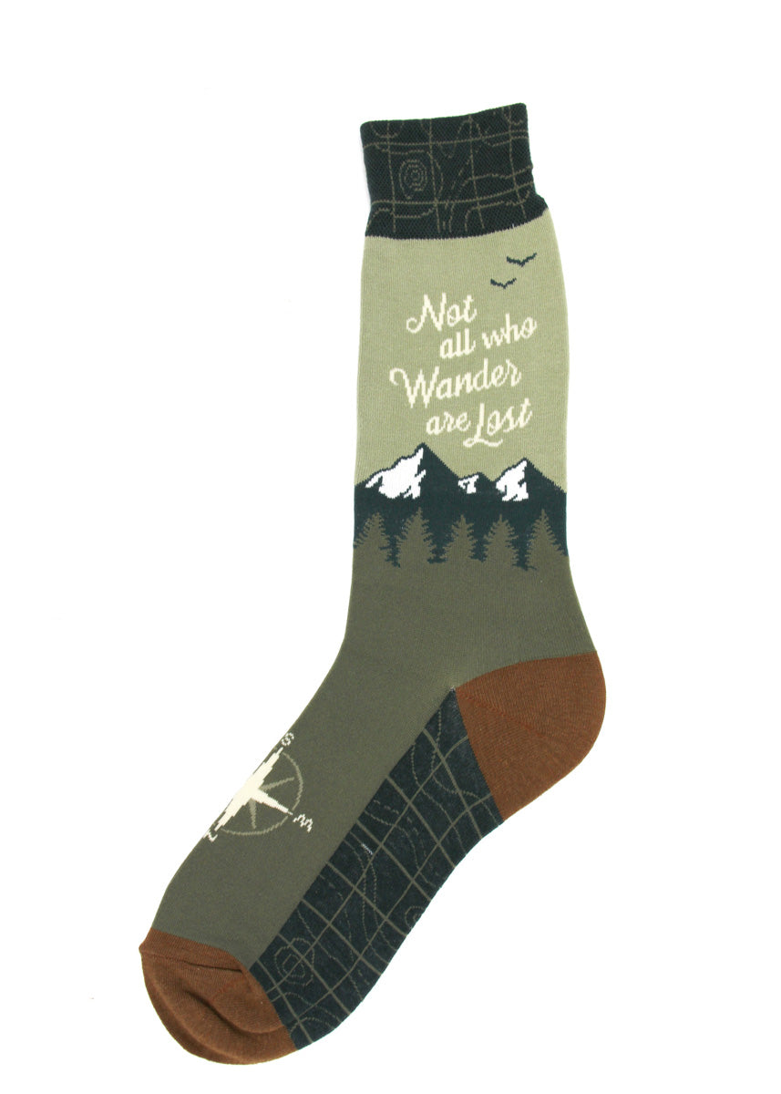 Explorer socks for men feature a mountain scene with the words, "Not all who wander are lost," and map-print cuffs and soles.