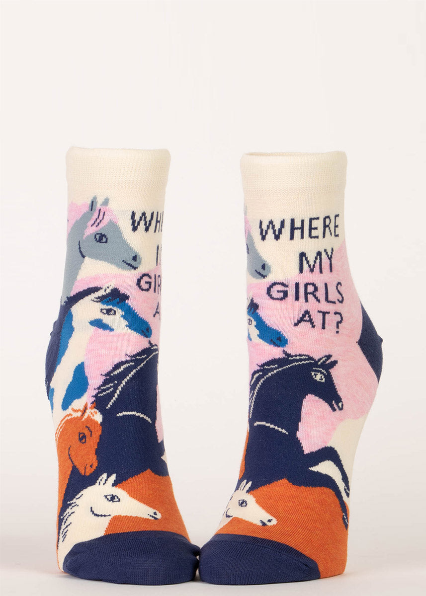 Cute ankle socks covered in solid and spotted horses say the words “Where my girls at?" on the side.