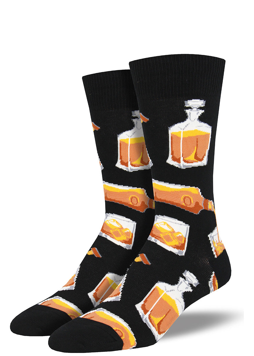 Whiskey socks for men with bottles of alcohol pouring out whiskey, scotch and bourbon.