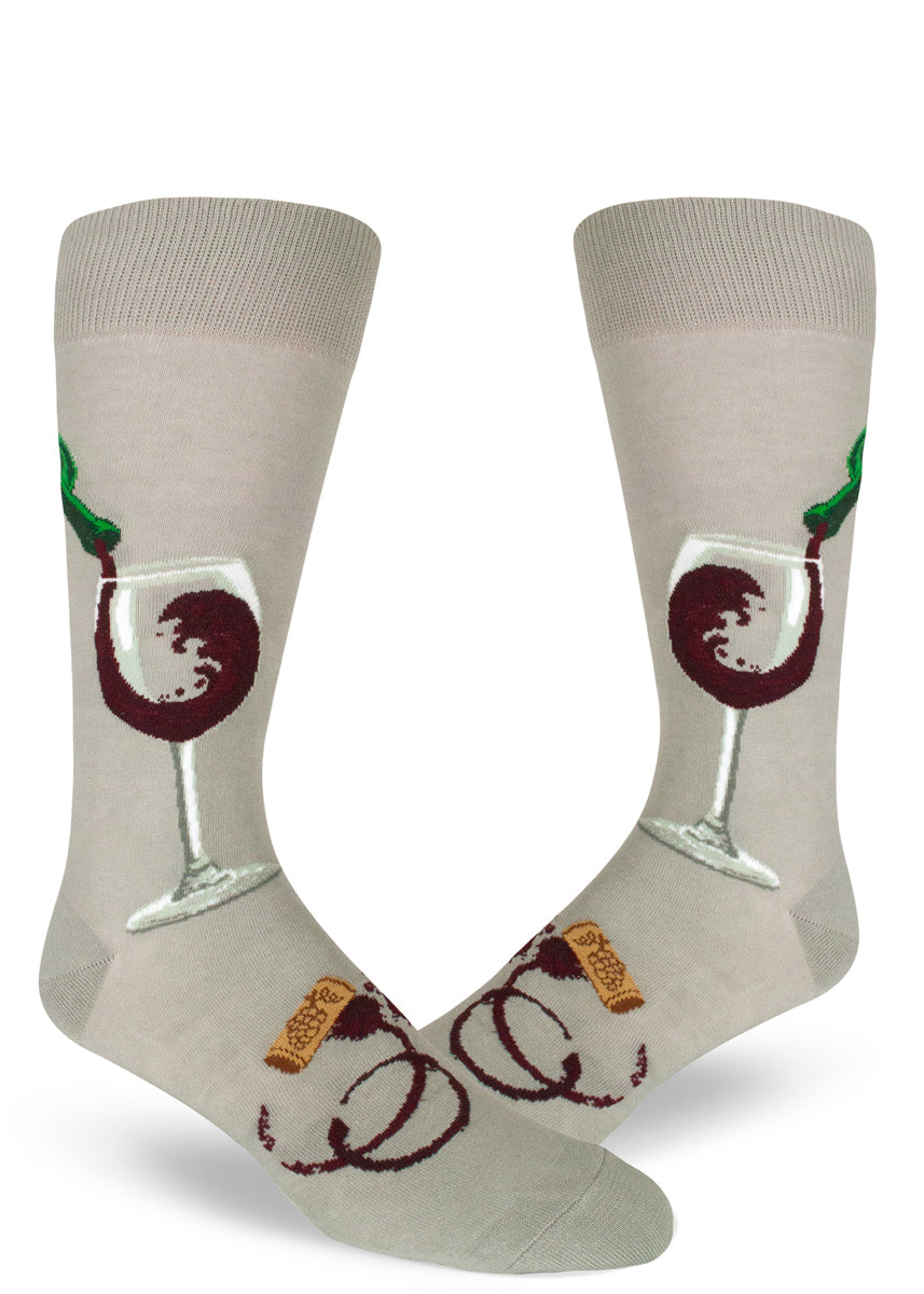 WIne socks for men with wine bottles pouring red wine into wine glasses and wine corks