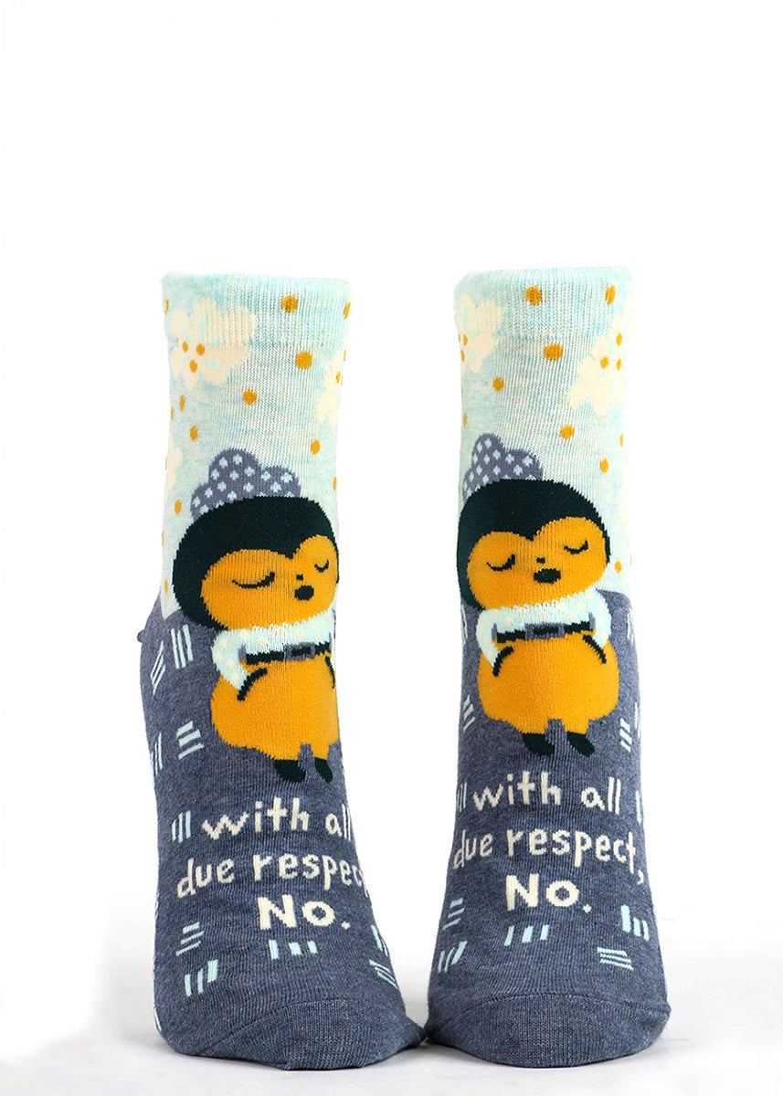 Funny ankle socks for women feature adorable anthropomorphic chicks saying "With all due respect, No."