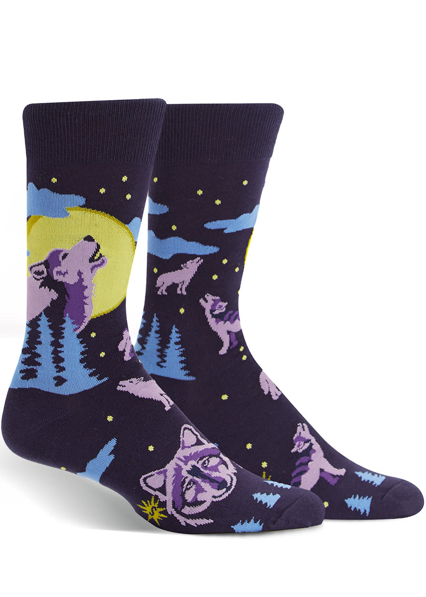 Wolf socks for men with wolves howling at the moon, trees and night sky