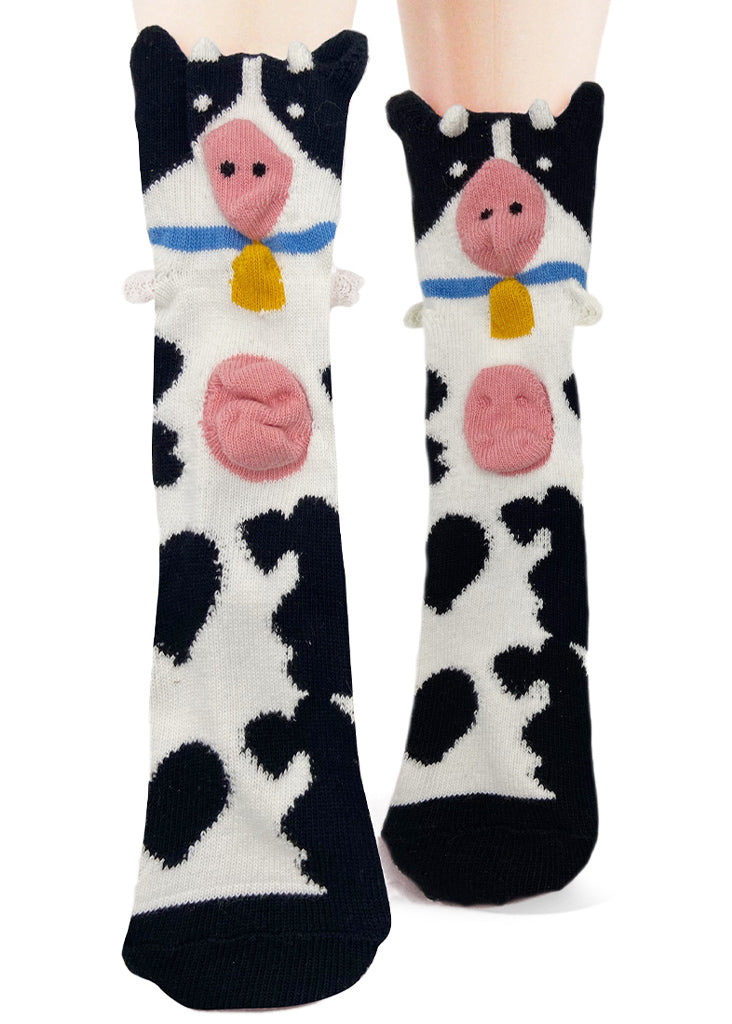 Funny animal socks for women make your feet look like adorable cows with 3-D ears, horns, and udders!