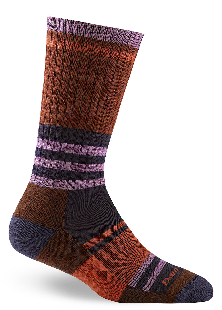 Mid-calf cushioned wool-blend boot socks with stripes in shades of deep red and purple.