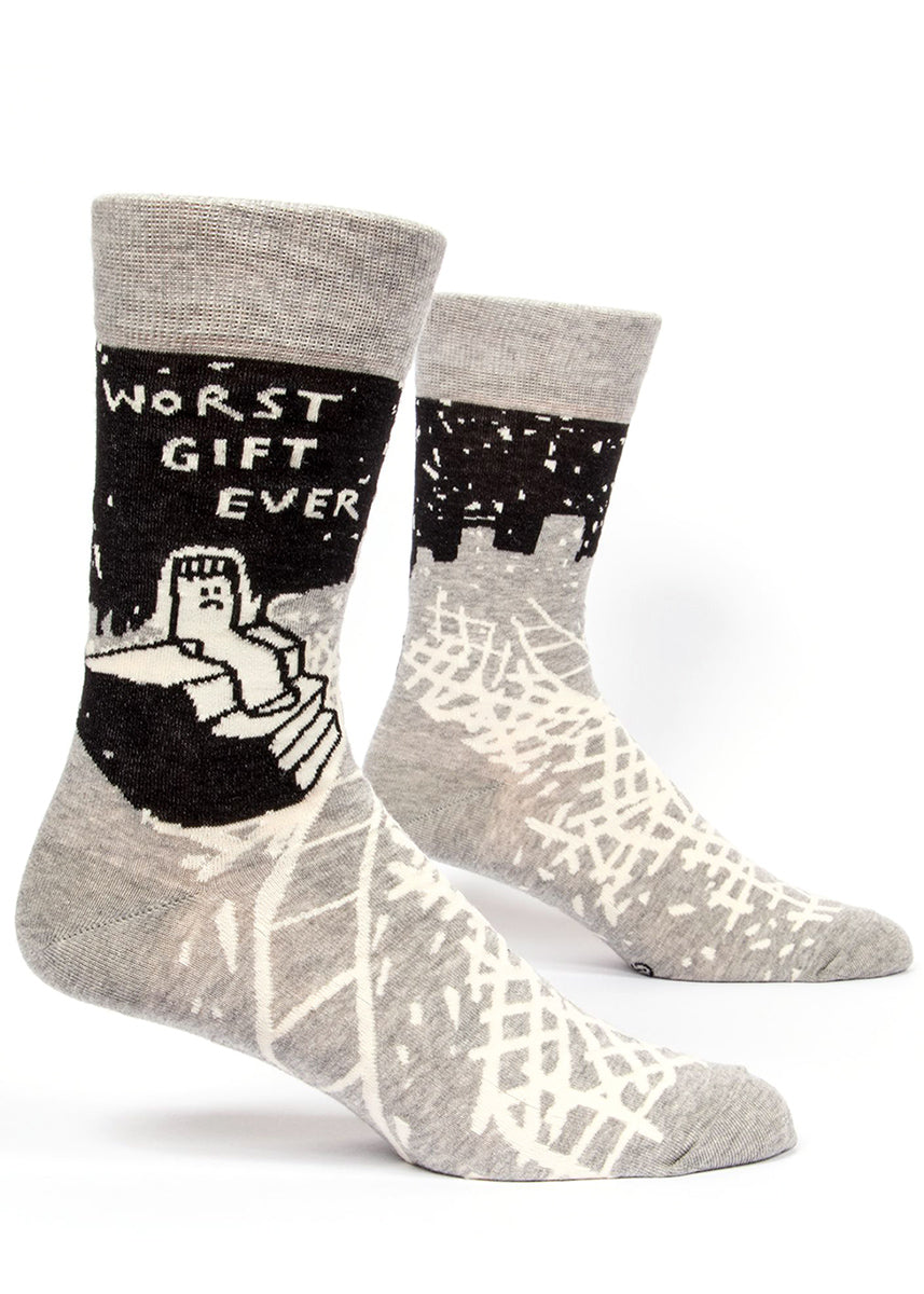 Funny socks for men that say "Worst gift ever" with a lonely sock sitting on stairs