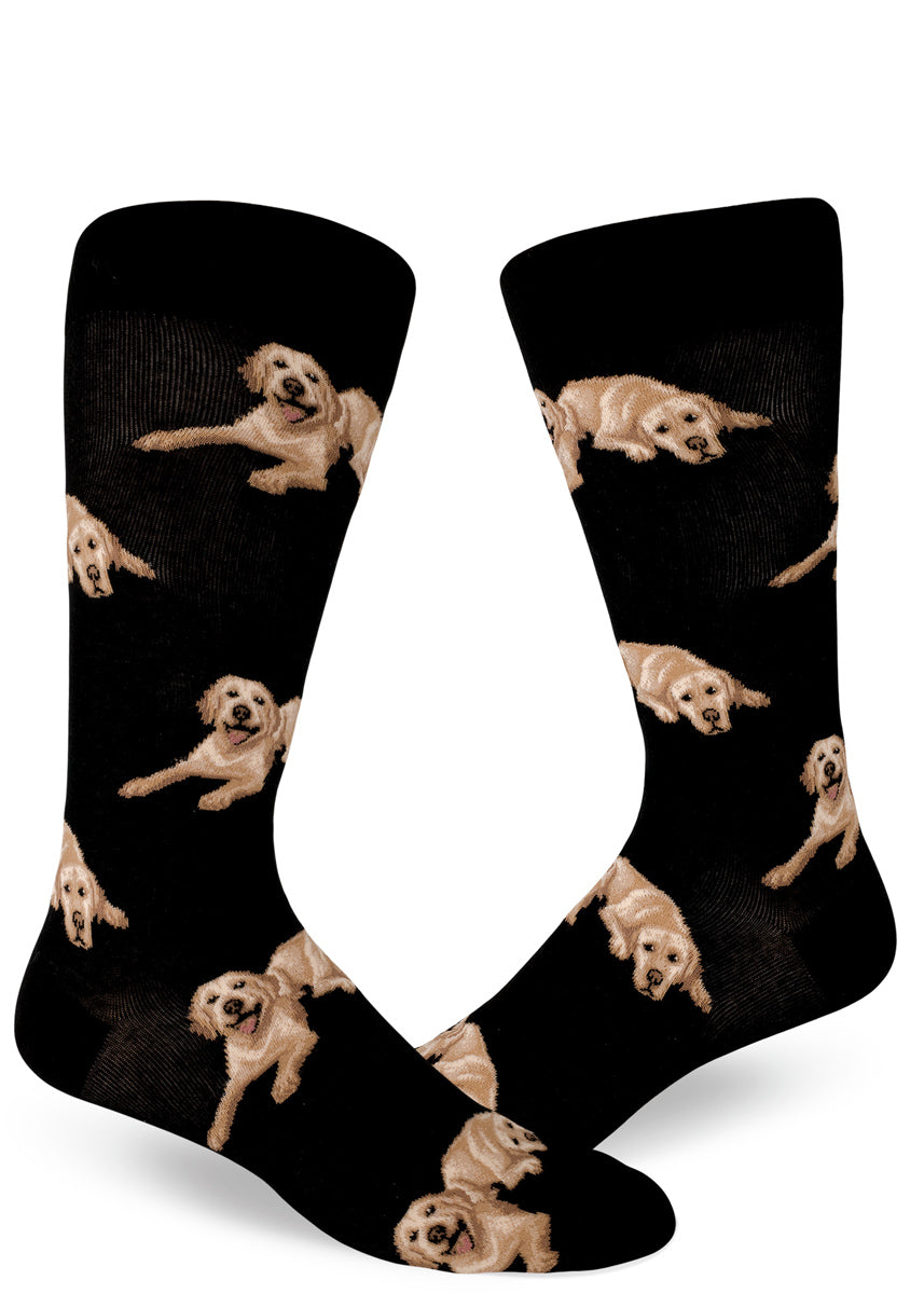 Labrador socks for men with yellow lab dogs on a black background
