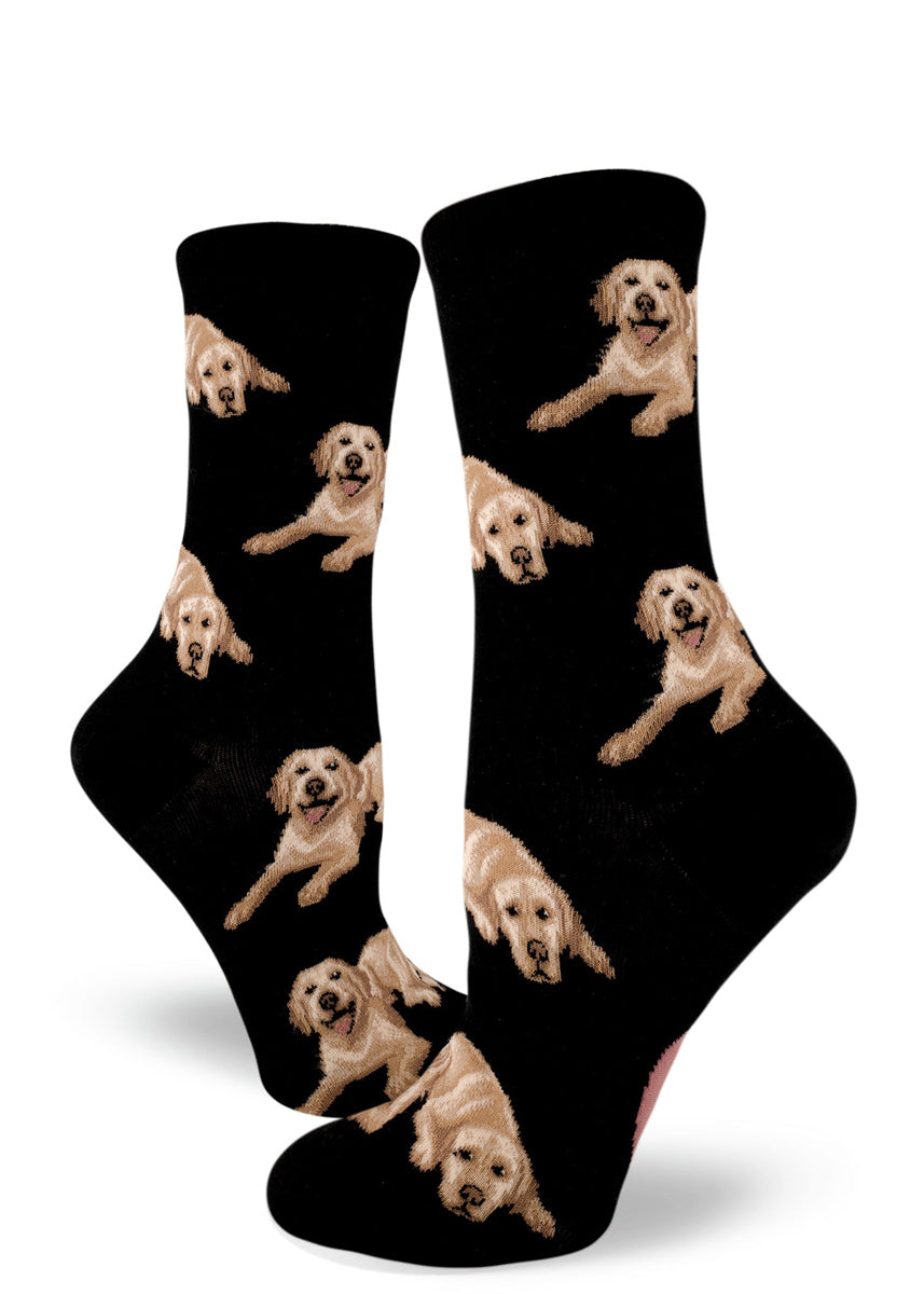 Happy lab dog socks for women with cute Labrador retrievers with yellow coats on a black background