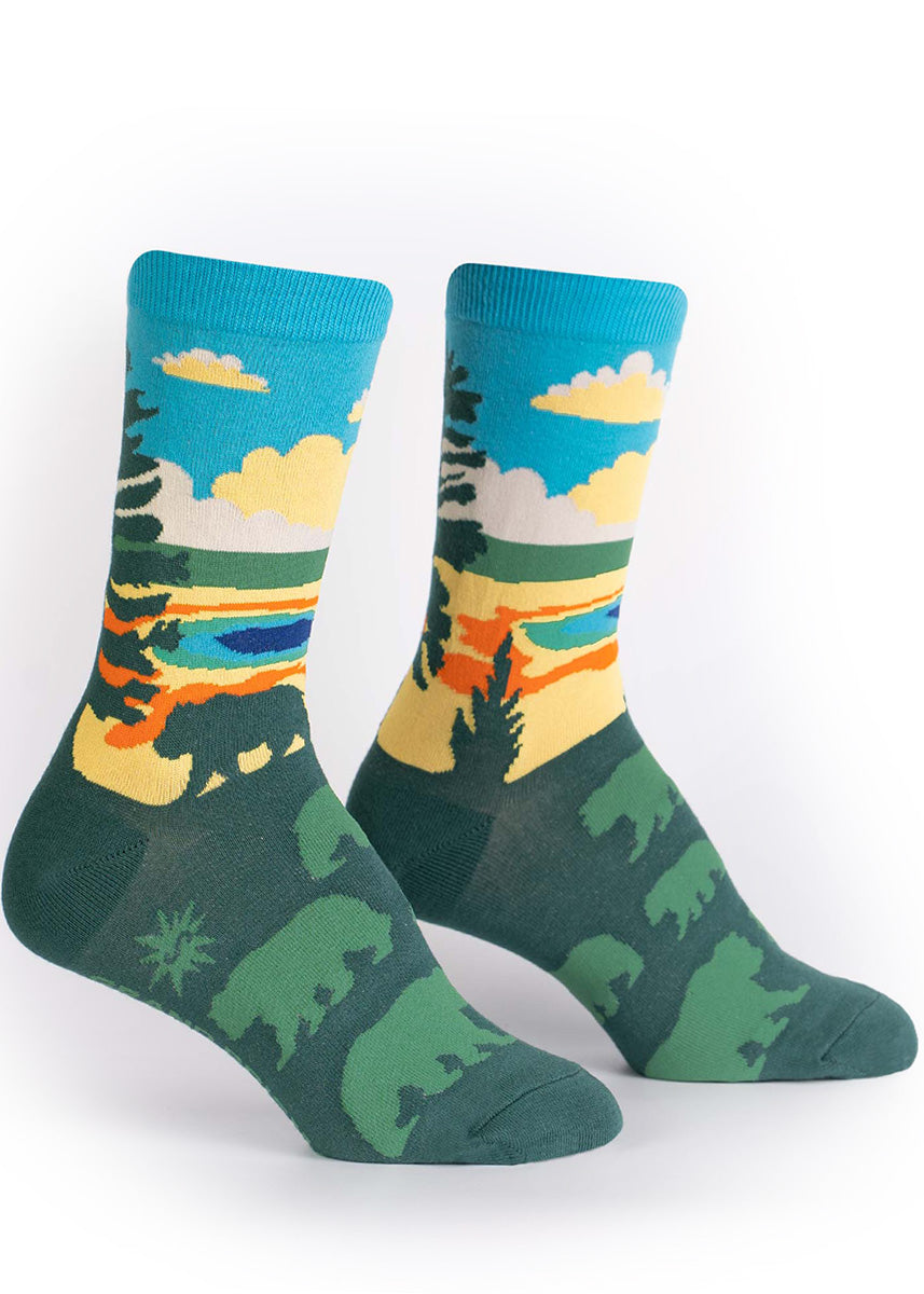 National park socks for women show a beautiful nature scene of the Grand Prismatic Spring at Yellowstone.